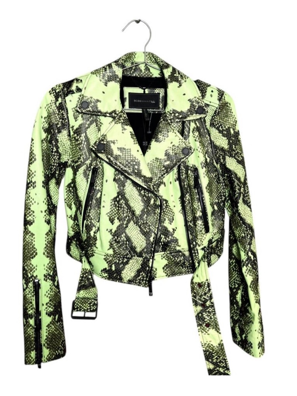 BCBGMaxAzria Neon Green Snake-Print Leather Moto Jacket